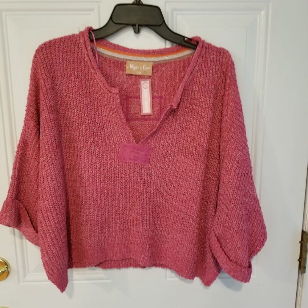 Allysa & Grace Dark Pink Crochet Woven Oversized Cropped Sweater, Size Small NWT